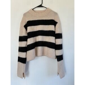 HM Womens Mohair Wool‎ Blend Striped Sweater Beige Black Split Cuff Large